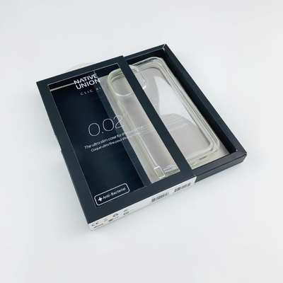 Custom Black Sliding Drawer Paper Box met Hook Clear Window voor telefooncasing Pakket handig en elegant